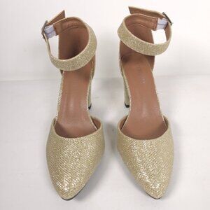 LIURUIJA Gold Glitter Size 7 Ankle Strap Block Heel Pumps Sandals Pointed Toe